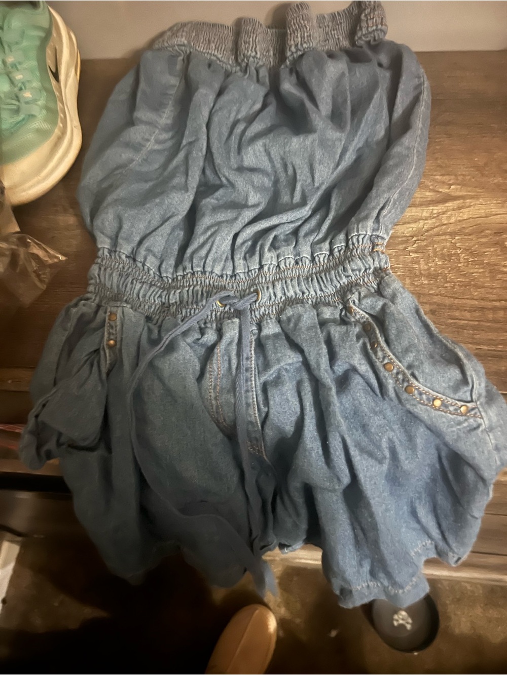 Selena Gomez Light Blue Denim Bubble Romper Dress